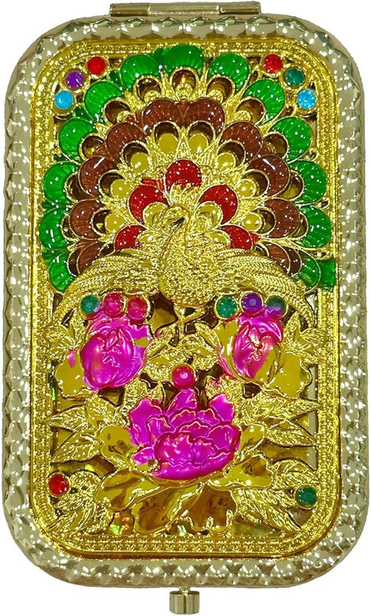 1PC Vintage Peacock Spreads Tail with Purple Flower Pattern Cosmetic Makeup Pocket Purse Magnification Jewel Mirror （Rectangle）