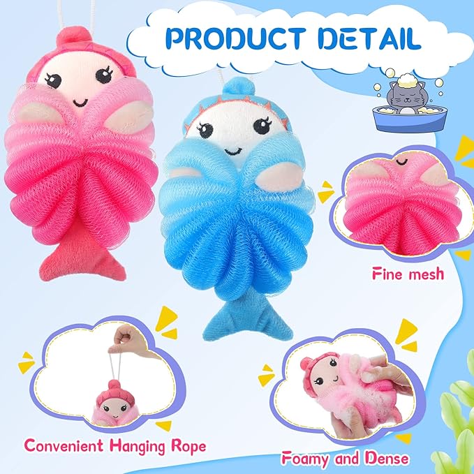 Nuenen 2 Pcs Bath Loofahs Kids Toddler Cute Cartoon Bath Sponges Loofah Pouf Body Scrubber Mesh Sponges for Children Shower Washing Exfoliating(Mermaid)