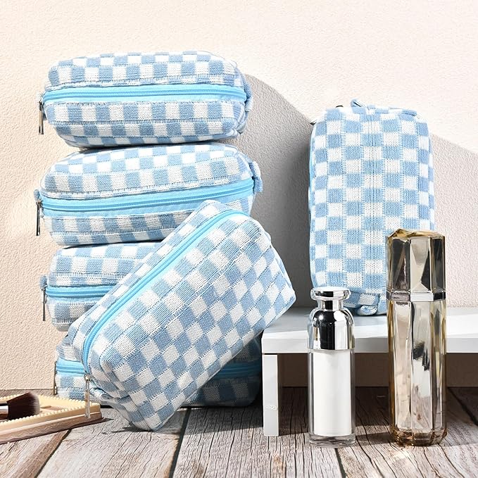 6 Pcs Preppy Makeup Bag Bulk Checkered Cosmetic Bag Light blue Makeup Pouch Personalize Travel Toiletry Bag Organizer Cute DIY Makeup Brushes Storage Bag for Women