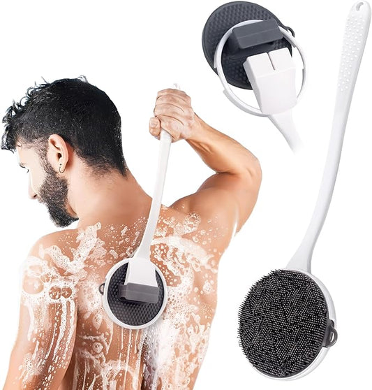 Silicone Back Scrubber for Shower, 15.68'' Detachable Long Handle Bath Brush with Soft Loop Bristles for Deep Cleansing & Gentle Exfoliation, Wall Mounted Body Brush, Men & Women