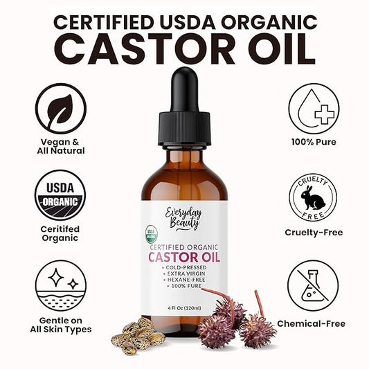 Organic Castor Oil - 100% Pure Certified USDA Organic, Cold Pressed & Hexane-Free, For Eyelashes, Eyebrows, Hair, Skin & Wellness Packs - 4 Fl Oz Glass Bottle & Dropper
