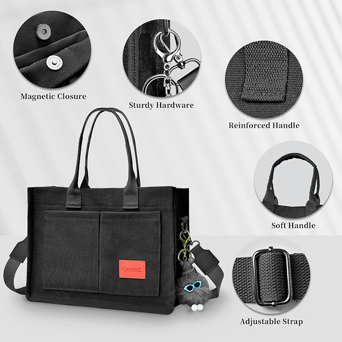 Canvas Tote Bag for Women With Pockets, Laptop Work Crossbody Purses Everything Shoulder Tote Bag Everyday Satchel Handbags