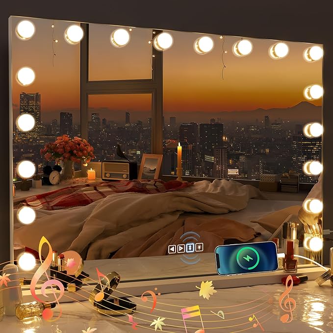 Misavanity Large Vanity Mirror with Lights 31.40’’ x 23.40’’ Tempered Galss Speaker Lighted Hollywood Mirror with 18 LED Dimmable Bulbs 3 Lighting Modes USB Charging Port and 10X Magnification, White
