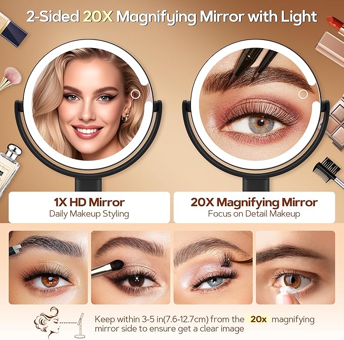 B Beauty Planet Makeup Mirror with Lights, Lighted Magnifying Mirror 20X with 3 Lighting and Adjustable Brightness, 2-Sided Height Adjustable Vanity Mirror for Bathroom, Gifts for Women Black