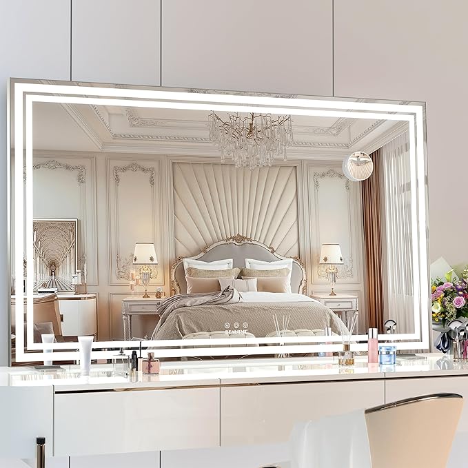 BEAUTME Vanity Mirror,40x24.3 Inch, Hollywood Mirror with Double Led Strips,Makeup Mirror for Dressing Room & Bedroom, Desktop Mirror/Wall Mounted Mirror 1.8M Charger Cable,Aluminium Frame,Silver