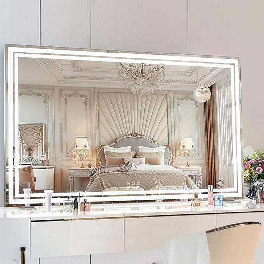 BEAUTME Vanity Mirror,40x24.3 Inch, Hollywood Mirror with Double Led Strips,Makeup Mirror for Dressing Room & Bedroom, Desktop Mirror/Wall Mounted Mirror 1.8M Charger Cable,Aluminium Frame,Silver