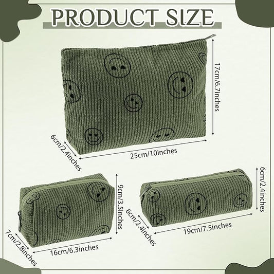 3 Pcs Makeup Bag Set for Women Corduroy Cosmetic Pouch Aesthetic Smile Travel Toiletry Bag Cute Purse Pouch Pencil Case Makeup Brushes Storage Organizer for Christmas(Army Green,Smile Face)