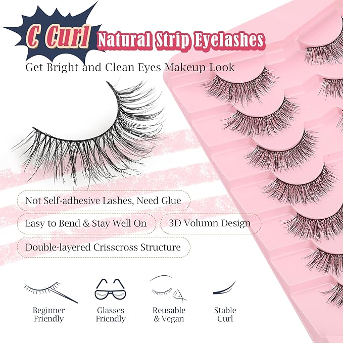 Lashes Wispy Eyelashes Natural Look 15mm Cat Eye Lashes Natural C Curl Soft Strip Lashes Fake Eyelashes 3D Volume Eye Lashes Pack 7 Pair Siligli Lash Eyelash