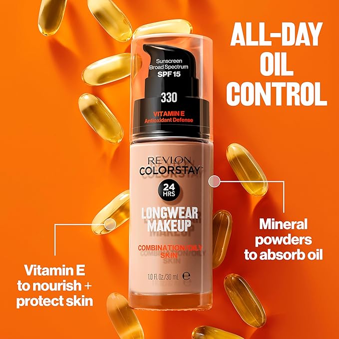 Revlon Liquid Foundation, ColorStay Face Makeup for Combination & Oily Skin, SPF 15, Medium-Full Coverage with Matte Finish, 280 Tawny, 1 Fl Oz