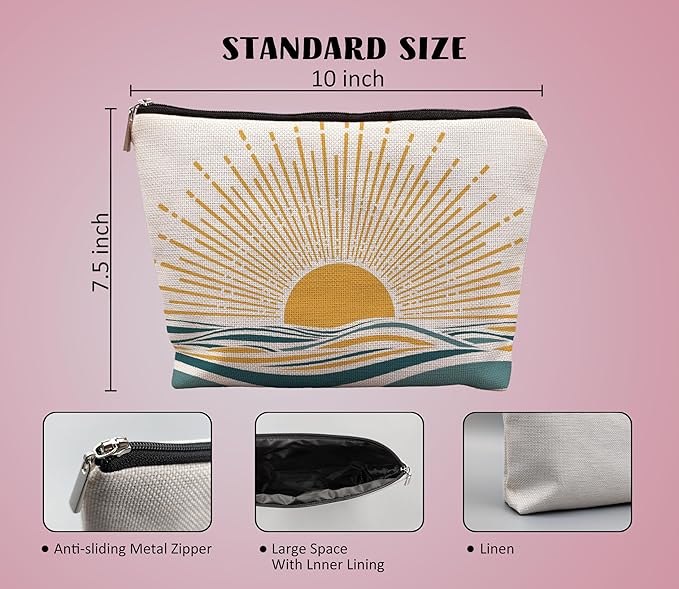 Boho Cosmetic Bag - Sunshine Ray Abstract Boho Sunrise Ocean Landscape Makeup Bag Gifts For Women & Teen Girls