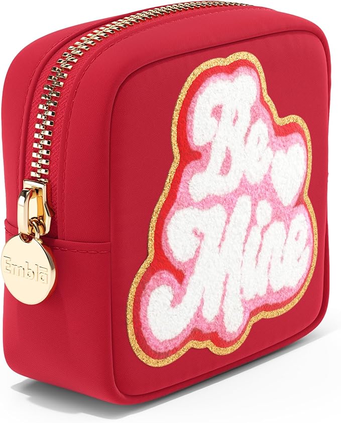 BE MINE Valentine Makeup Bag Travel Cosmetics Pouch and Toiletry Bag, Nylon Zipper Pouch Purse, Cute Make Up Organizer Storage Tote for Women Girls, Travel Skincare Case, Small Makeup Bags, Ruby Red