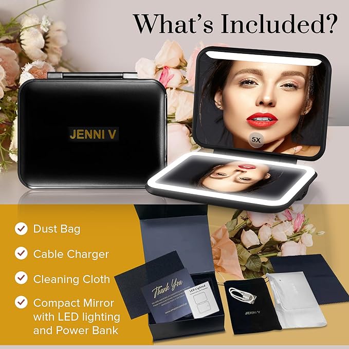 JENNI V LED Compact Mirror with Light, 5X Magnification and Power Bank Changer - Handheld Pocket Mirror - Rechargeable Travel Mirror with Light - Small Portable Makeup Mirror for Purse (Black)