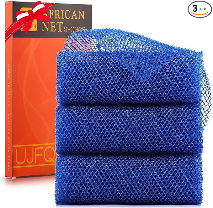 3 Pieces African Bath Sponge African Net Long Net Bath Sponge Exfoliating Shower Body Scrubber Back Scrubber Skin Smoother,Great for Daily Use (Blue)