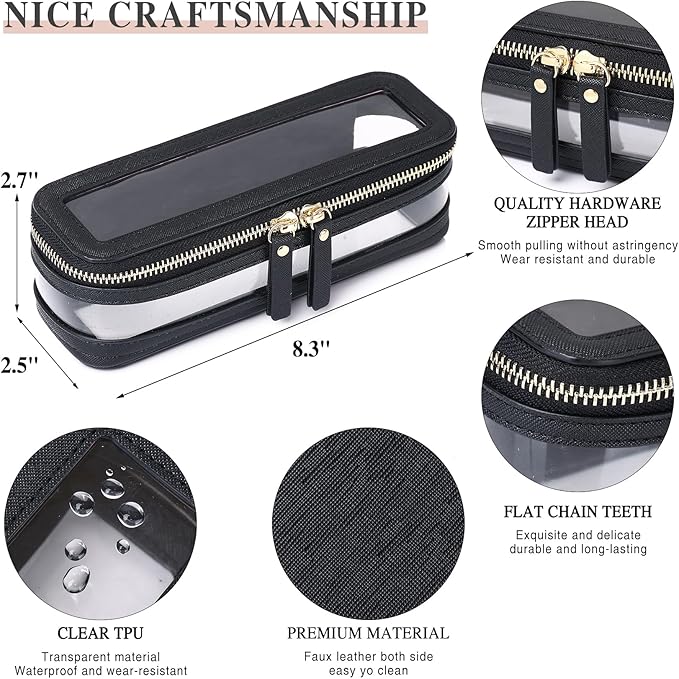Makeup Brush Case Clear Travel Cosmetic & Toiletry Bag Slim Makeup Bag with Zipper Small Purse Organizer Car Essential Bag for Women (Black, SLIM-1)