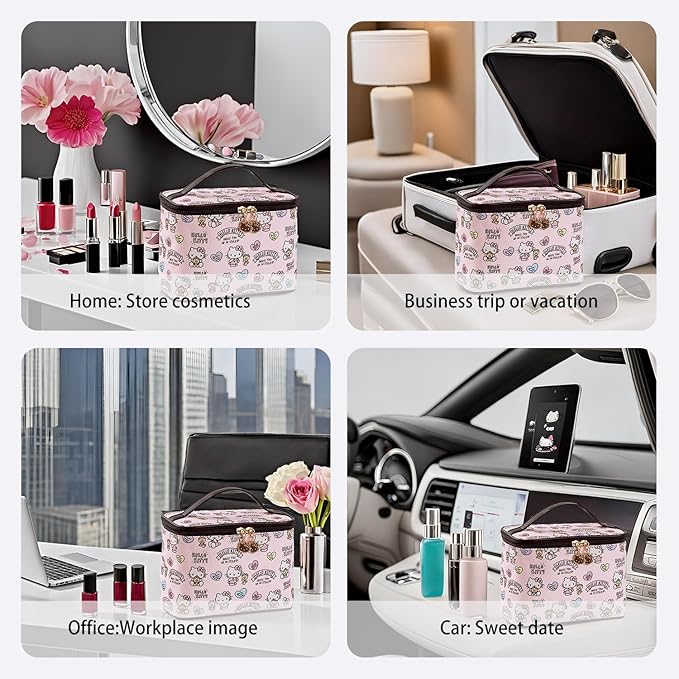 AmBealla Cosmetic Bag Large Makeup Bag Pink Makeup Travel Case with Brush Holder, Canvas Organizer for Women, Toiletry Bag for Skincare & Beauty Tools Sweet Cute for Girls