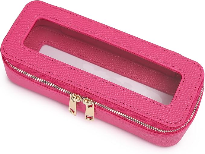 Makeup Brush Case Clear Travel Cosmetic & Toiletry Bag Small Makeup Bag with Zipper Purse Organizer Car Essential Bag for Women (X/Fuxia, SLIM)