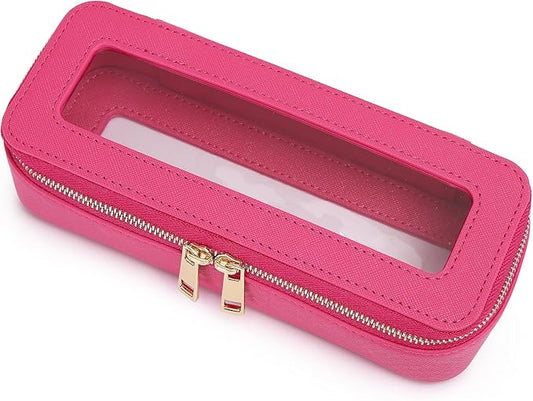Makeup Brush Case Clear Travel Cosmetic & Toiletry Bag Small Makeup Bag with Zipper Purse Organizer Car Essential Bag for Women (X/Fuxia, SLIM)