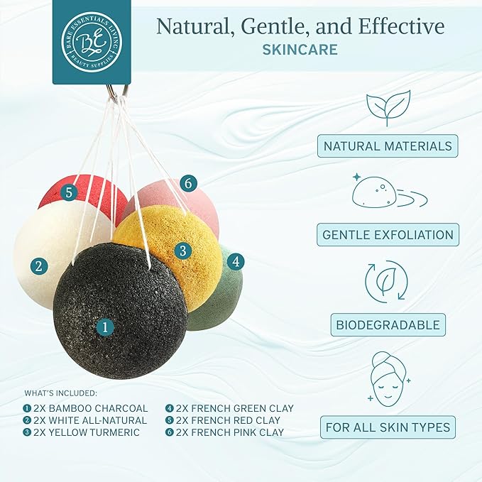 Bare Essentials Living - Konjac Sponges Set (12 Pack) with Activated Bamboo Charcoal Facial Sponge, Natural, Great for Facials, Bath, and Exfoliating Body Sponge