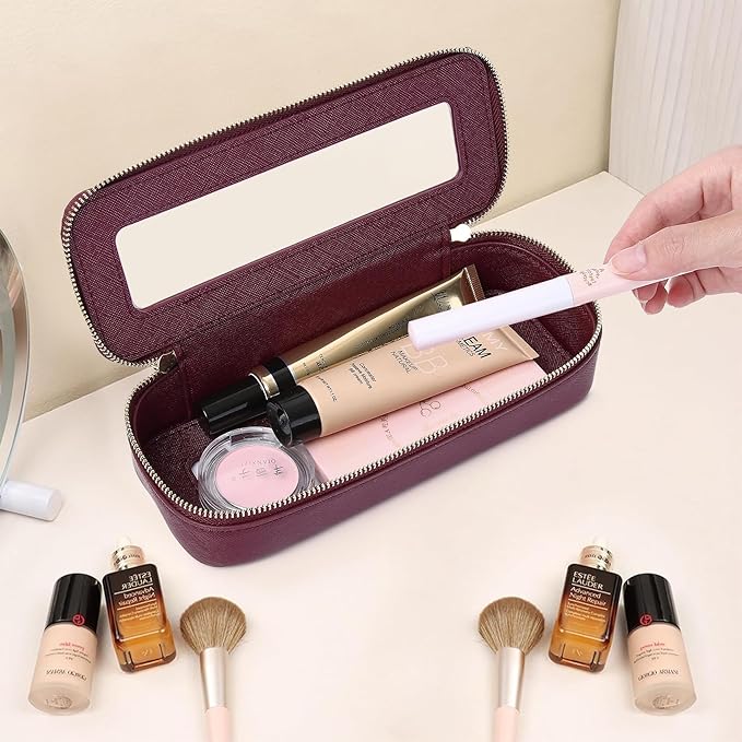 Makeup Brush Case Clear Travel Cosmetic & Toiletry Bag Small Makeup Bag with Zipper Purse Organizer Car Essential Bag for Women (X/Burgundy, SLIM)