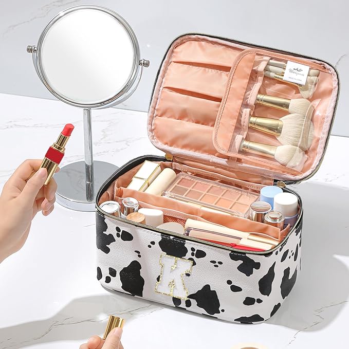 Meiyuuo Birthday Gifts Personalized Makeup Bag Cute Cosmetic Bags Large Travel Pro Pouch Toiletry Bag with Divider and Handle Teens Tweens Gifts Trendy Stuff Cow Print K