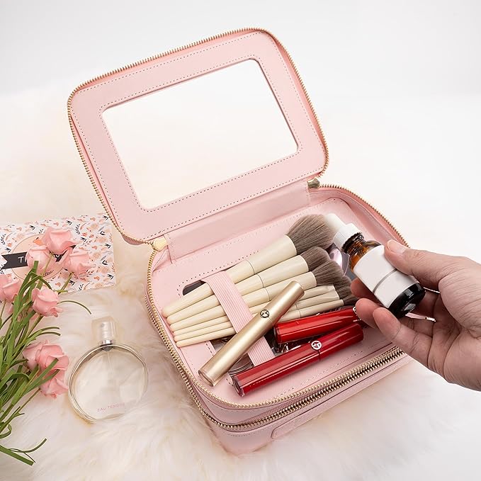 Aveniee Large Clear Makeup Bags, Double Layer Cosmetic Bags with Separate Brush Compartment, Travel Toiletry Bag Cosmetic Train Case, Travel Accessories Organizer for Women(2 Layers, Pink)