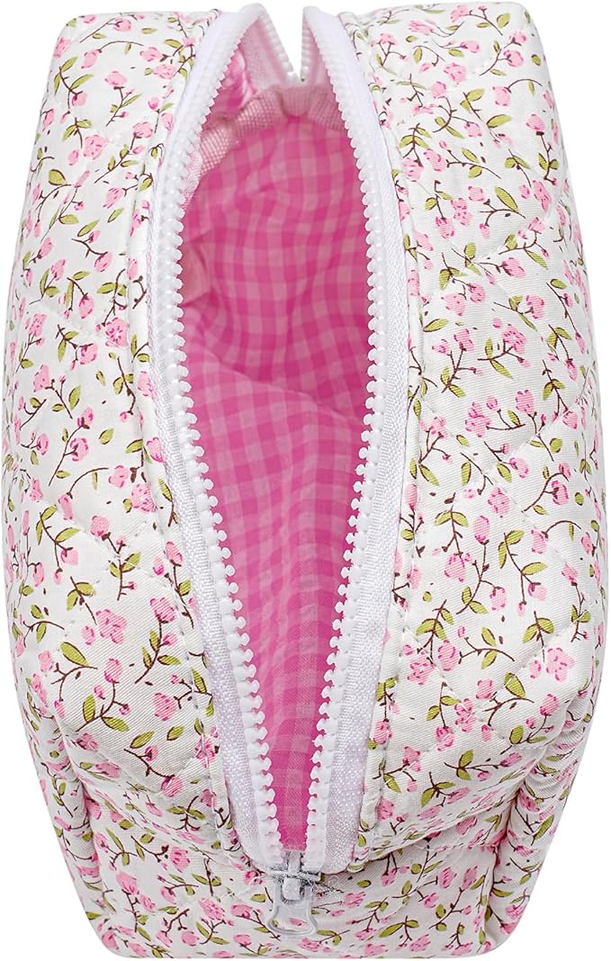 Makeup Bag Travel Cosmetic Bag for Women Girls, Zipper Make Up Pouch, Floral Flowers Toiletry Organizer Makeup, Portable Storage Cosmetic Travel Cloth Bag (Pink Floral)