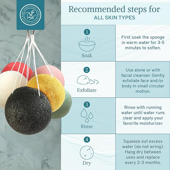 Bare Essentials Living - Konjac Sponges Set (10 Pack) with Activated Bamboo Charcoal Facial Sponge, Natural, Great for Facials, Bath, and Exfoliating Body Sponge