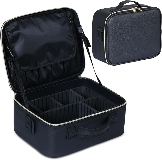 Makeup Travel Case, 12 Inch Makeup Organizer Bag with Compartment and Dividers, Portable Cosmetic Bag for Women with Brush Storage Sturdy Dual Zip Closure, Waterproof, Durable, Gift for Her, Black