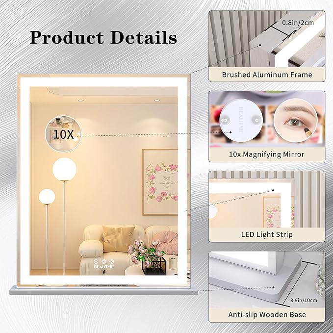 ANYHI Vanity Mirror with LED Light, 24"x20.5" Lighted Vanity Mirror with 10X Magnifying, 3 Color Modes, Dimmable, Smart Touch Control, Aluminum Frame, Tabletop/Wall Mount, Silver