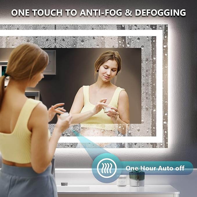 60x40 Inch LED Bathroom Mirror with Lights Front and Backlit Lighted Vanity Mirror for Bathroom Wall with 3 Colors Dimmable Anti-Fog Memory Shatter-Proof IP54 Waterproof Horizontal/Vertical