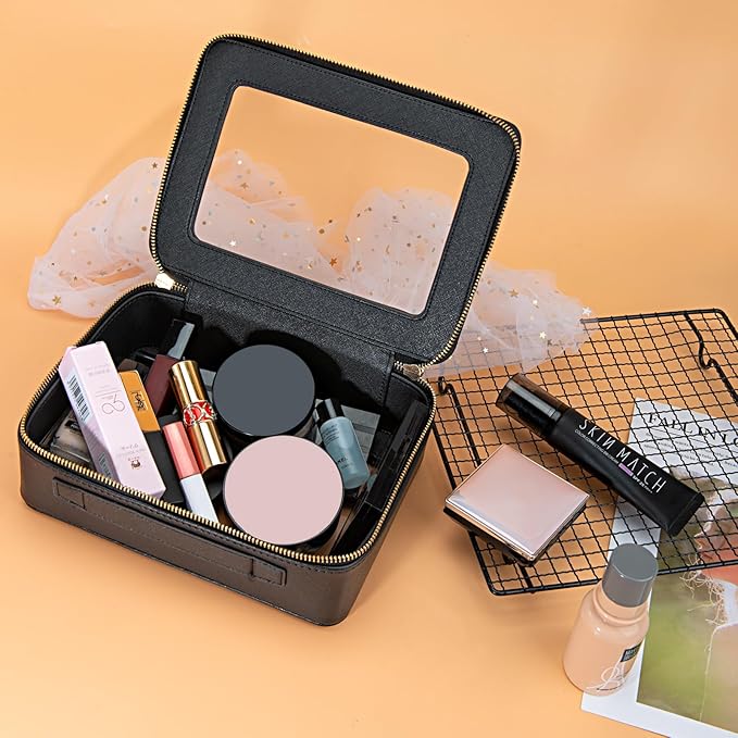 Aveniee Clear Makeup Bag Organizer, Portable Travel Toiletry Cosmetic Bag Case for Women, Heavy Duty Make Up Pouch with Transparent Vinyl Windows & Gold Zippers(Black)