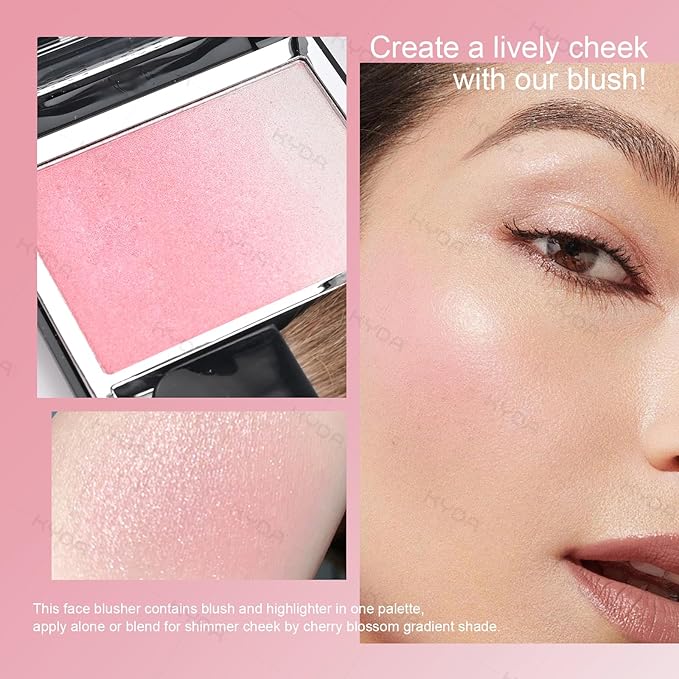 KYDA Pink Shimmer Blush, Gradient Cherry Blossom Pink Color, Micro-fine Pearl Powder Blusher, Soft Buildable Cheek Color, Lightweight Smooth Finish, Multiuse Blush Makeup Compact