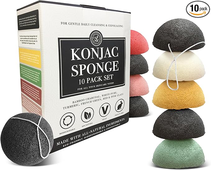 Bare Essentials Living - Konjac Sponges Set (10 Pack) with Activated Bamboo Charcoal Facial Sponge, Natural, Great for Facials, Bath, and Exfoliating Body Sponge