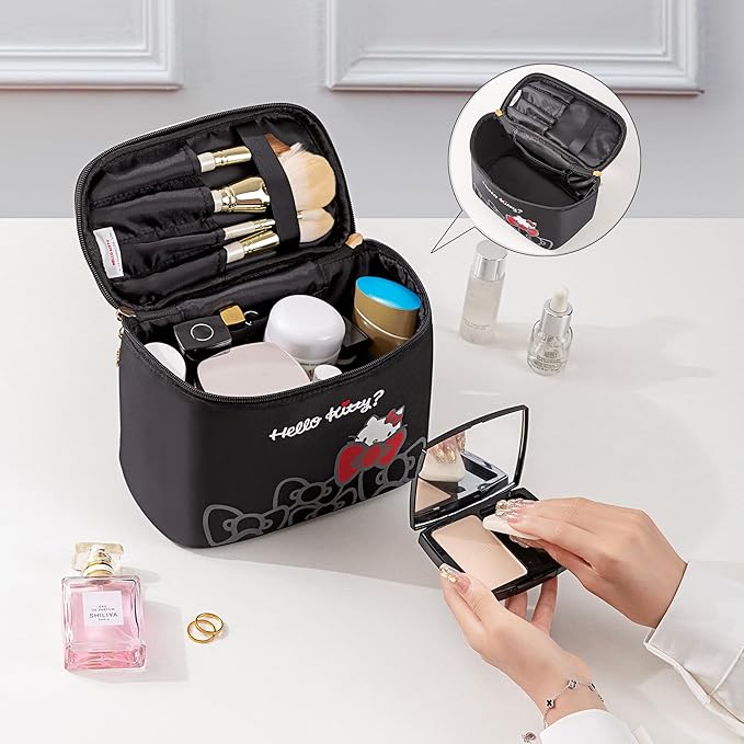 AmBealla Travel Makeup Bag Large Cosmetic Bags with Brush Holder,Black Waterproof 2PCS Portable Cosmetic Case for Women, Toiletry Storage Bag for Skincare & Beauty Tools for Girls