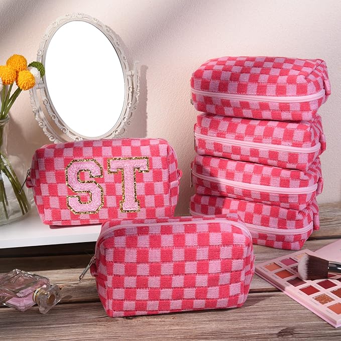 6 Pcs Preppy Makeup Bag Bulk Checkered Cosmetic Bag Pink Makeup Pouch Personalize Travel Toiletry Bag Organizer Cute DIY Makeup Brushes Storage Bag for Women