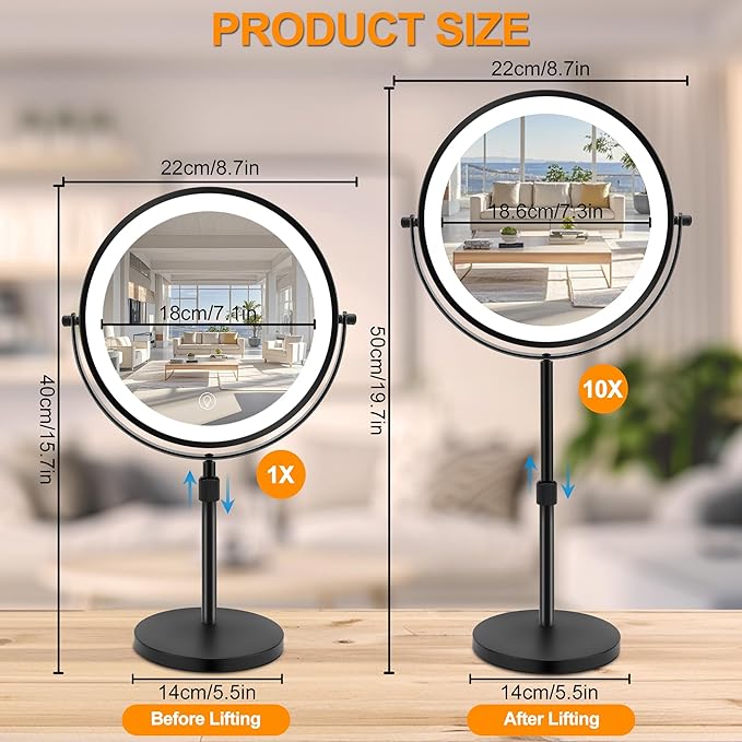 8.7" Large Lighted Makeup Mirror, 1X/10X Magnifying Mirror with 3 Color Dimmable Lights, Double Sided Vanity Mirror, Height Adjustable, 360° Swivel Cosmetic Mirror for Women Girl(Black)