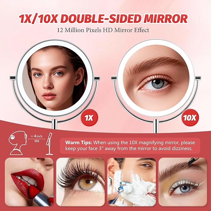 Magnifying Makeup Mirror with Light: 9" Large 1X/10X Lighted Makeup Mirror, Double Sided Vanity Tabletop Mirror 360°Rotation & Adjustable Brightness, Type-C Charging & Touch Switch on Base, Chrome