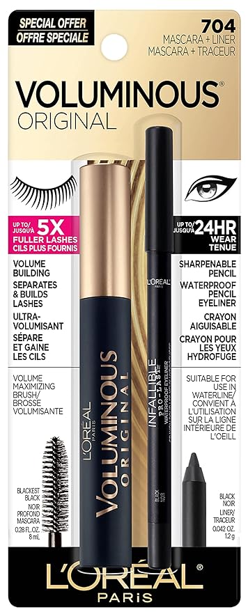L’Oréal Paris Original Voluminous Mascara Makeup Set, Includes Building Volume and Length Mascara and Infallible Eyeliner, Blackest Black, 1 Kit