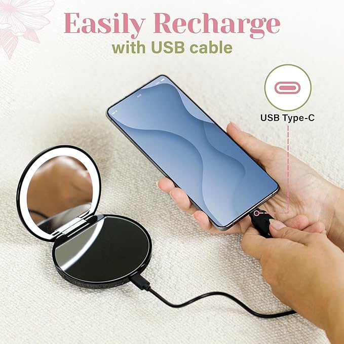 BoldAct Compact Mirror with Light 1X/3X Magnification LED Travel Makeup Mirror with Power Bank Rechargeable, Dimmable Lighted Portable Makeup Mirror for Purse 2 Sided Folding Mirror Green