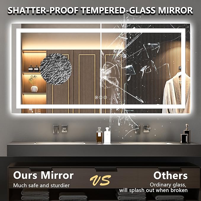 72x36 Inch LED Bathroom Mirror with Lights Front and Backlit Lighted Vanity Mirror for Bathroom Wall with 3 Colors Dimmable Anti-Fog Memory Shatter-Proof IP54 Waterproof Horizontal/Vertical