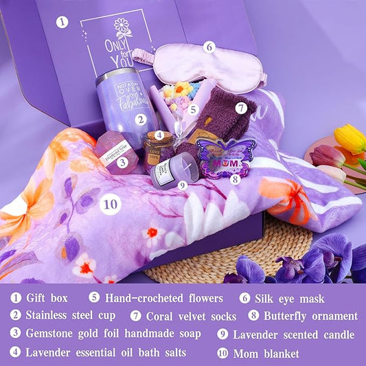 Luxury 10Pcs Mom Gifts Set Basket, Mothers Day Christmas Anniversary Birthday Gifts10Pcs Set for Mom, Mother Spa Skincare Set with Silk Eye Mask Blanket Tumbler, Ideal Gifts for Mother's Day