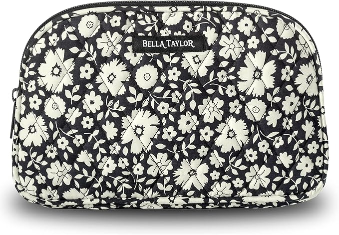 Bella Taylor Large Quilted Cotton Makeup Pouch for Women, Travel Cosmetic Bag, Quilted Cotton Bicolor Floral Black and Cream