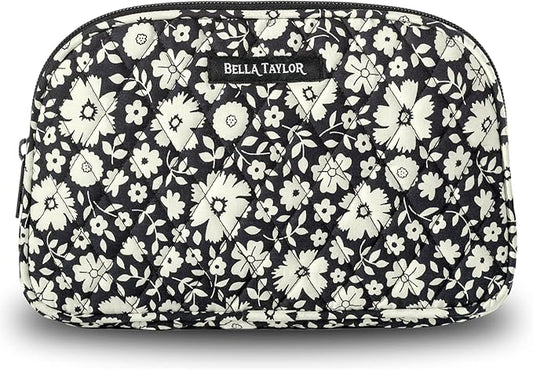 Bella Taylor Large Quilted Cotton Makeup Pouch for Women, Travel Cosmetic Bag, Quilted Cotton Bicolor Floral Black and Cream