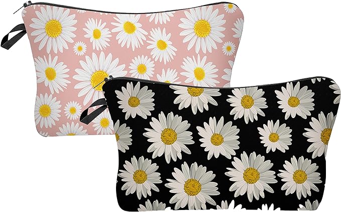 2 Pcs Cosmetic Bag for Women Small Make Up Bag Waterproof Travel Toiletries Pouch with Zipper for Organizing Small Items, Gift Bags for Birthday Christmas(Daisy Flower 1)
