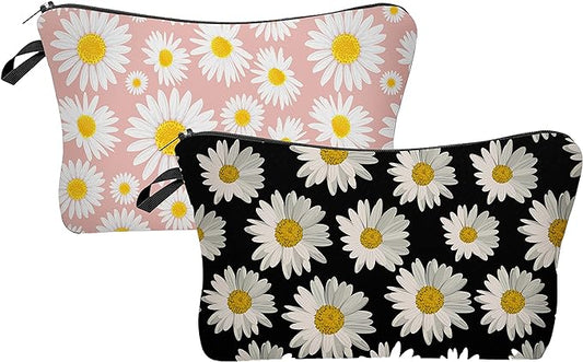 2 Pcs Cosmetic Bag for Women Small Make Up Bag Waterproof Travel Toiletries Pouch with Zipper for Organizing Small Items, Gift Bags for Birthday Christmas(Daisy Flower 1)