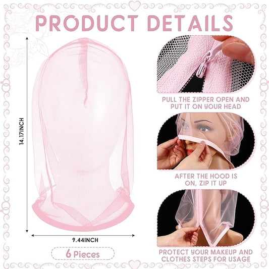 Loopeer 6 Pcs Makeup Protector Hood Washable Light Airy Nylon Chiffon Makeup Hood Zipper Closure Reusable Make up Face Cover for Women Girls Beauty Weddings (Pink)