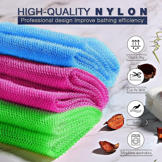 3 Pieces African Bath Sponge African Net Long Net Bath Sponge Exfoliating Shower Body Scrubber Back Scrubber Skin Smoother,Great for Daily Use (Rose Red, Blue, Green)