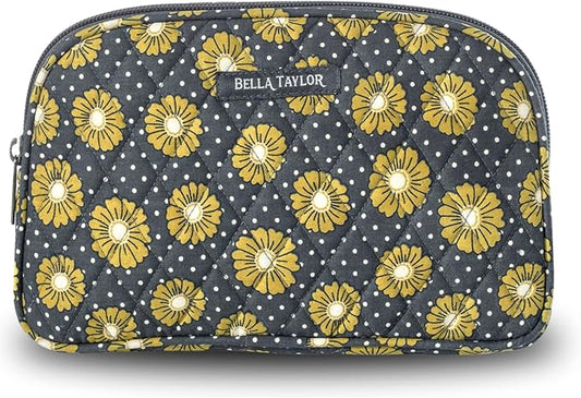 Bella Taylor Large Quilted Cotton Makeup Pouch for Women, Travel Cosmetic Bag, Quilted Cotton Dotted Daisy Charcoal Floral