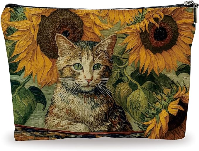 Animals Makeup Bag - Cat In The Garden - Sunflower & Cat Drawing Theme Cosmetic Bag, Toiletry Bag, Gift For Girls, Besties, Personal Care & Accessories - A25