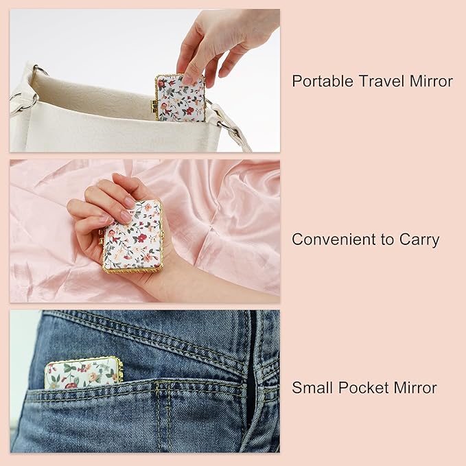 VOCOSTE Compact Mirror for Purses, Flower Pocket Square Mini, Floral Small for Purse, Vintage Folding Travel Portable for Women, White